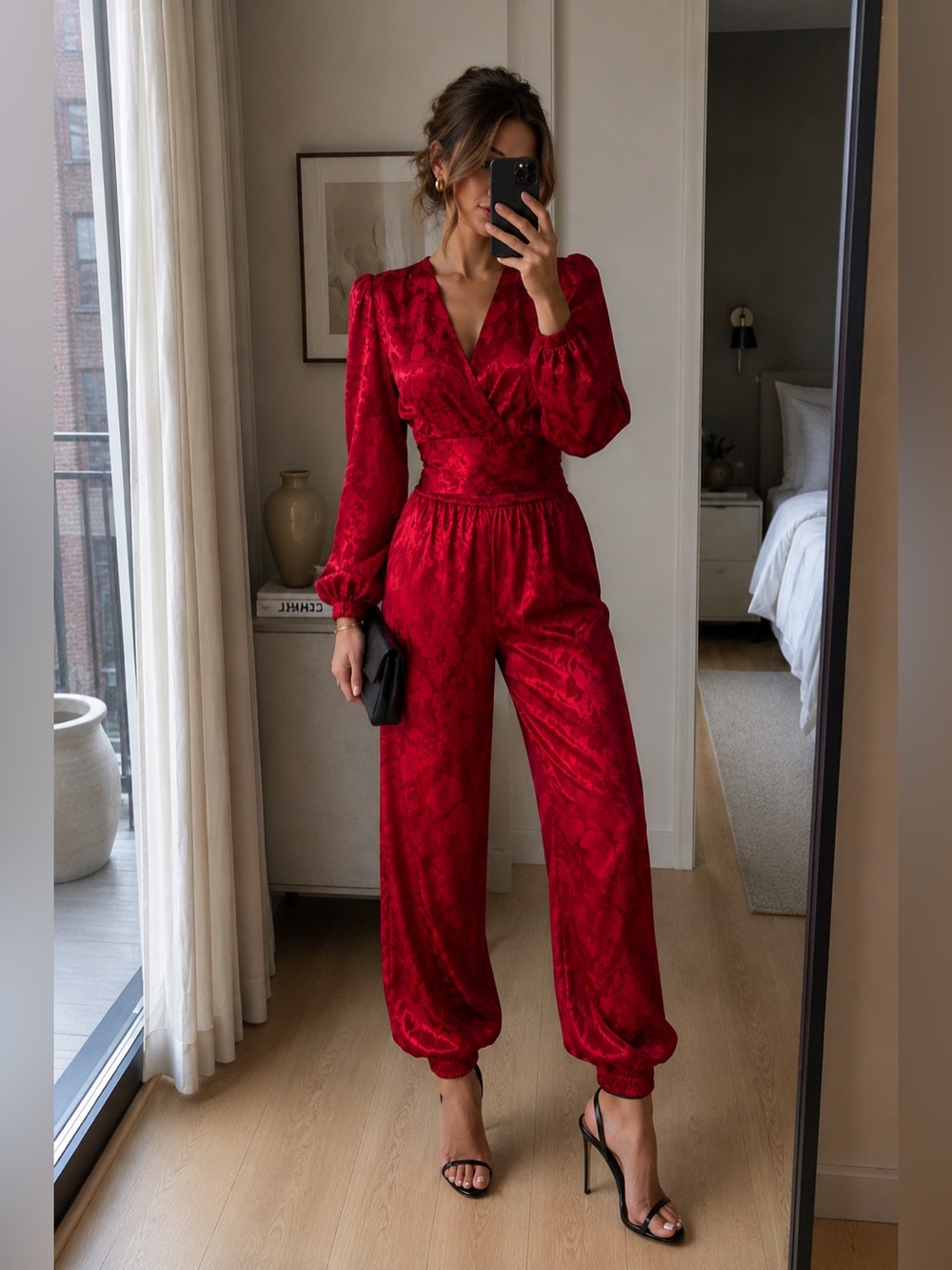 Ronny Kobo Contemporary Floral Jacquard Two Piece Set Crop Top Pants Red S